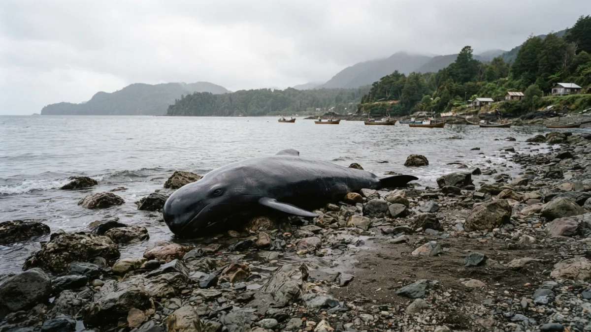 Calderón negro de cinco metros aparece varado en isla Tenglo: Sernapesca investiga la causa de su muerte