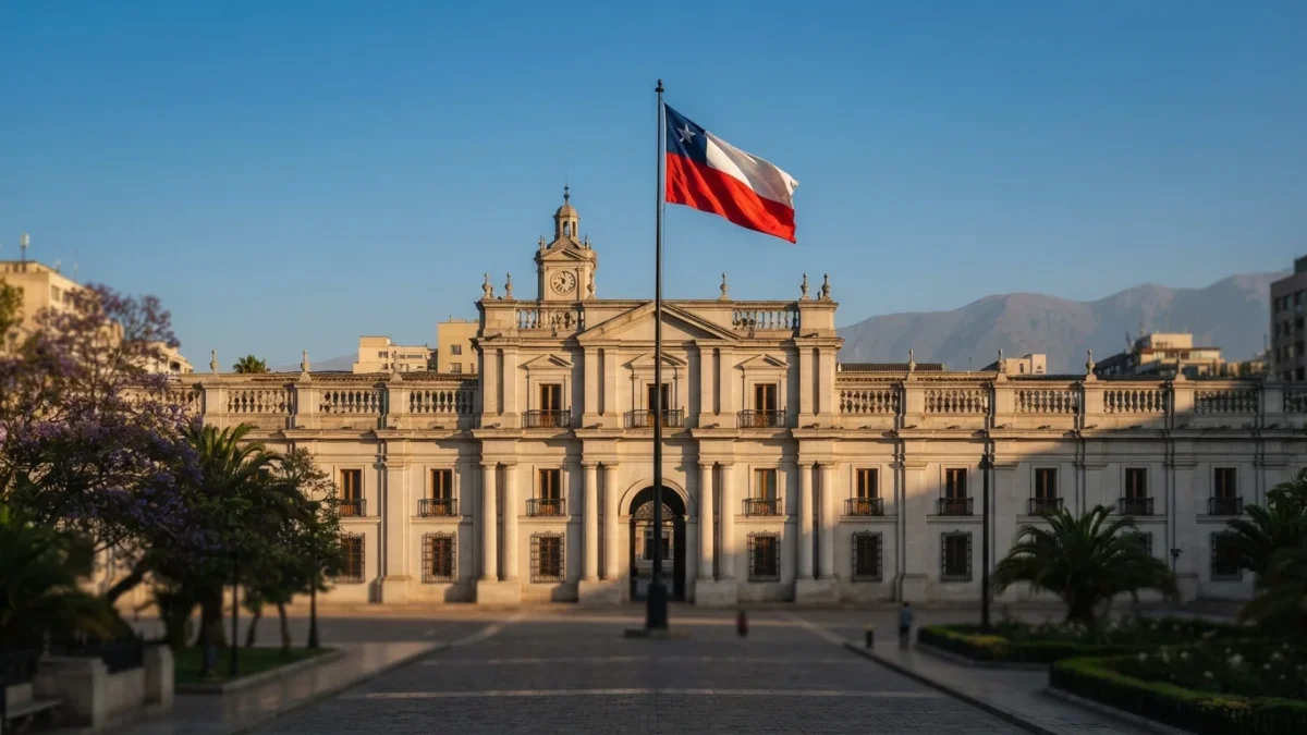 Edificio institucional de gobierno en Santiago de Chile con la bandera chilena
