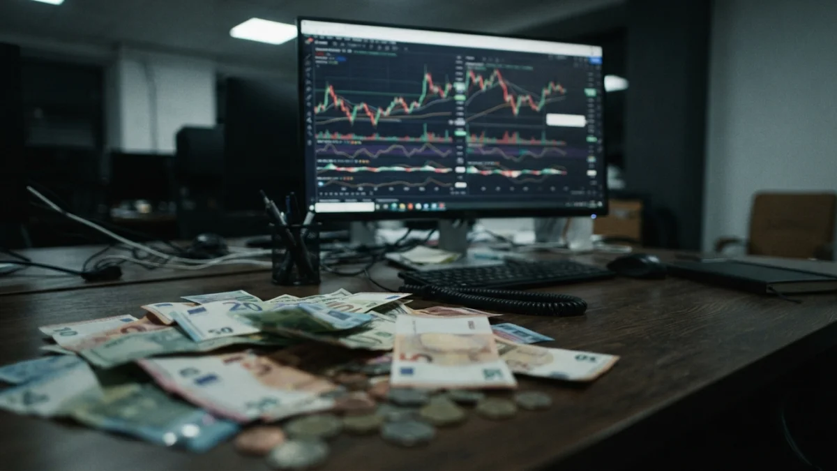 Escritorio de oficina con dinero y un gráfico financiero en pantalla
