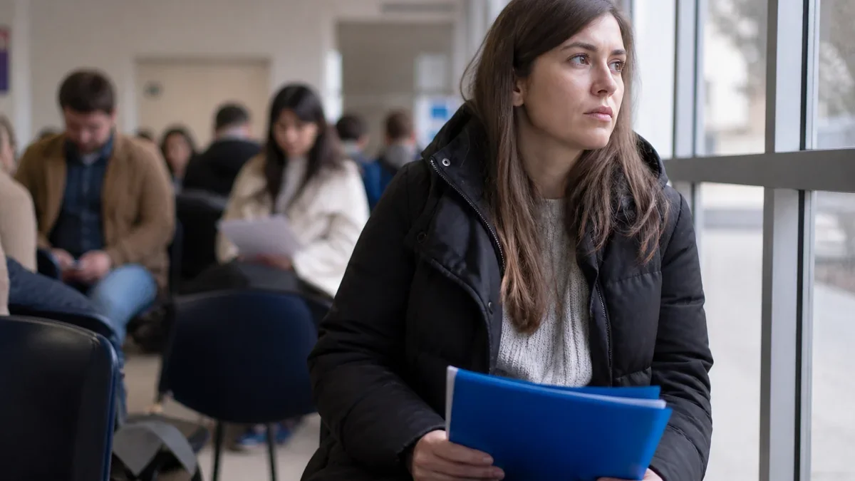 Mujer joven esperando en una oficina de empleo con una carpeta de curriculum