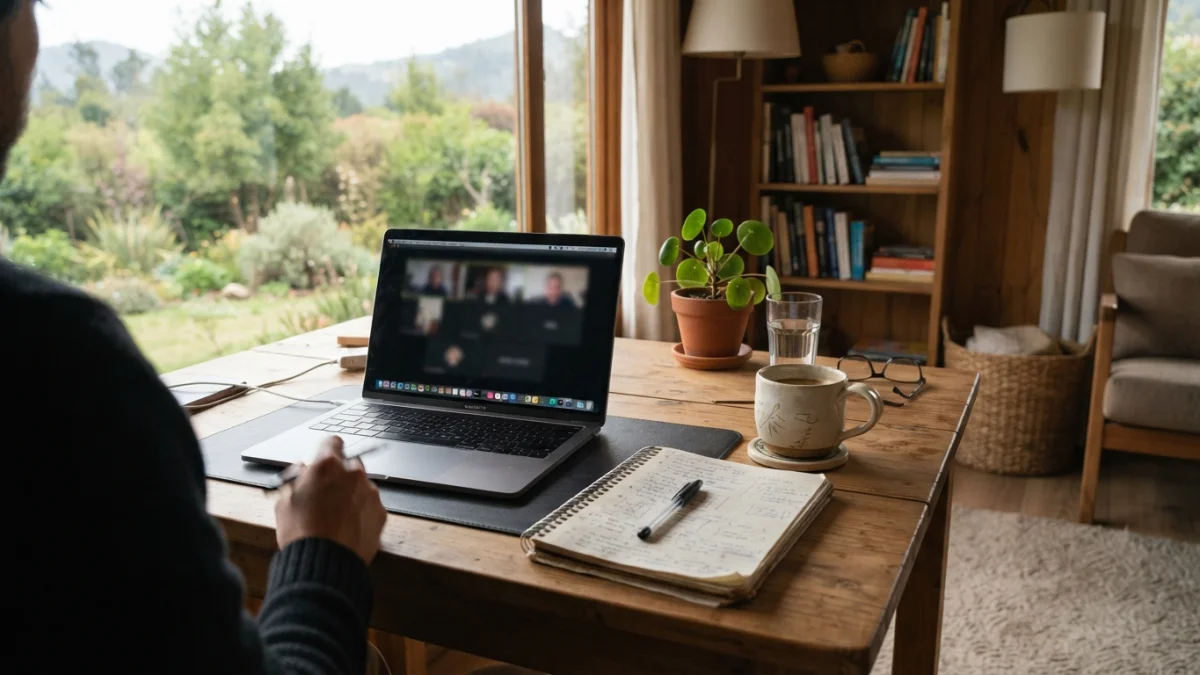 Escritorio de trabajo remoto en una casa, con computador portátil y luz natural