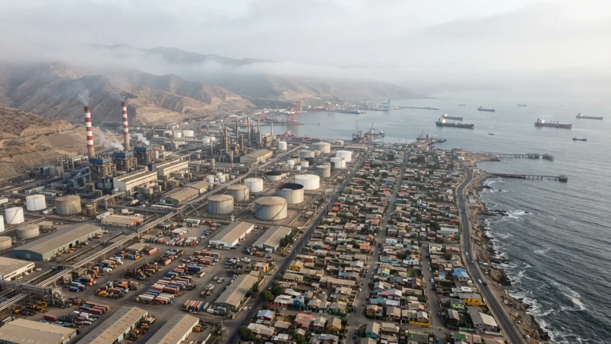 Bahia industrial en la costa central de Chile junto a un barrio residencial