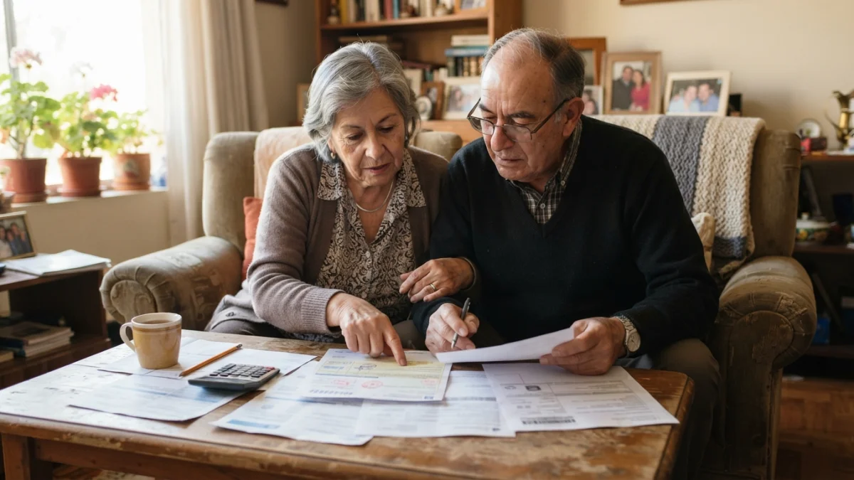 Adultos mayores revisando documentos y una boleta de contribuciones en su casa