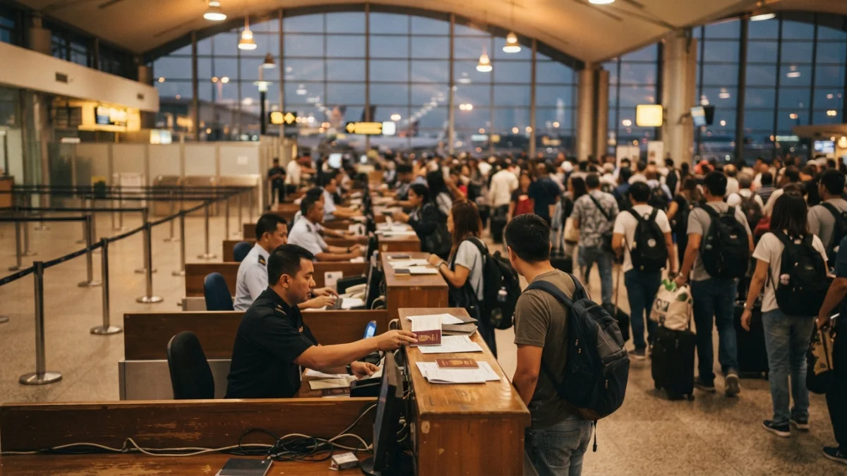 Mostradores de control migratorio en un aeropuerto, imagen generada con inteligencia artificial