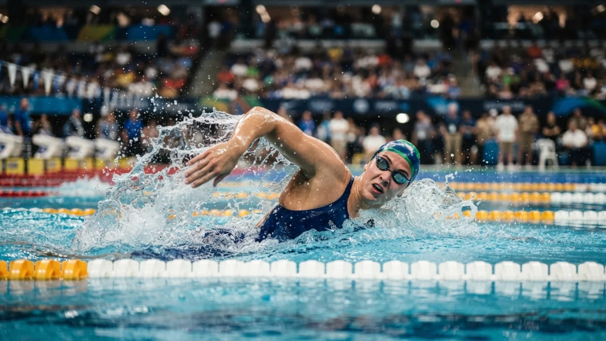 Nadadora compitiendo en una piscina olímpica