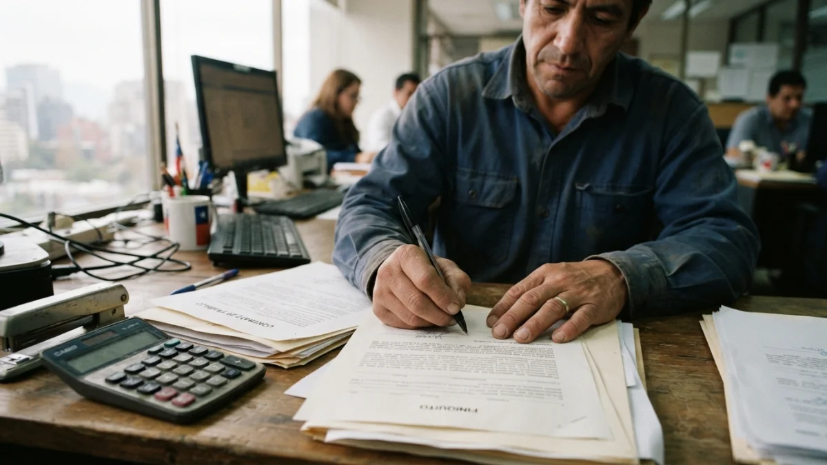 Escritorio con calculadora, contrato de trabajo y documentos de finiquito