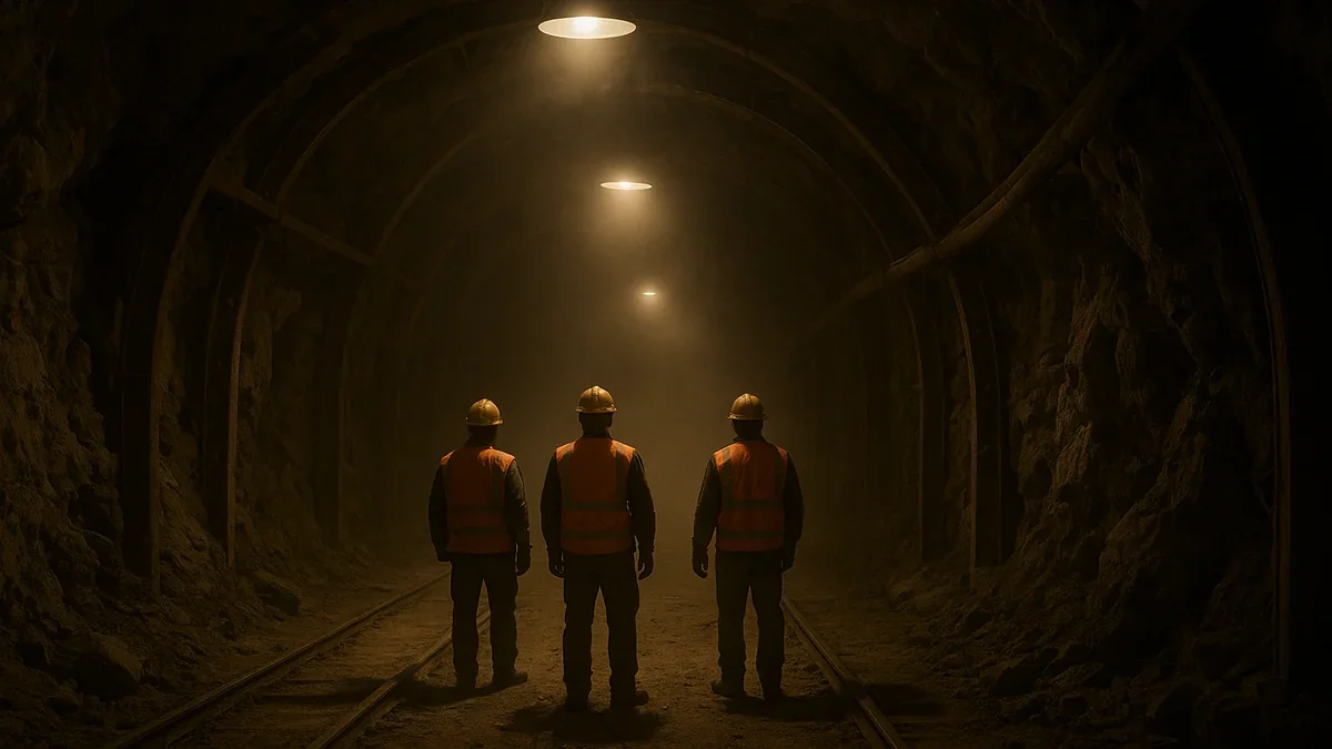 Galería subterránea de una faena minera en la cordillera con trabajadores de espaldas