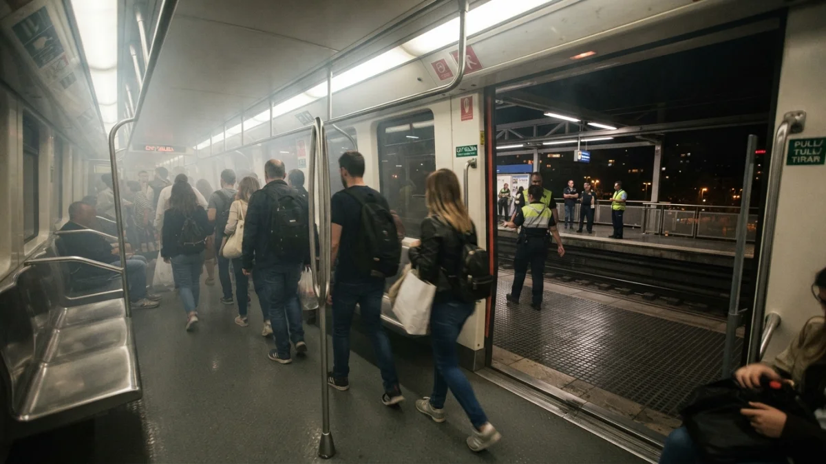 Vagón de la Línea 5 del Metro de Santiago con humo tras un arco eléctrico