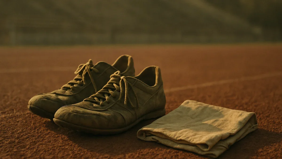 Zapatillas de cuero gastadas y un dorsal de tela sobre una pista de atletismo de ceniza, fotografía editorial