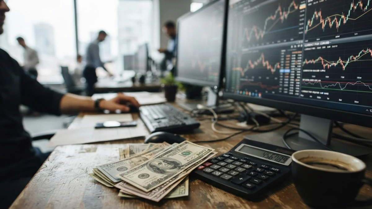 Billetes de dólar y gráficas financieras en una mesa de operaciones