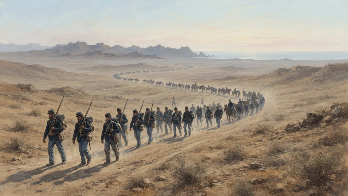 Columna de soldados del siglo XIX cruzando el desierto de Atacama al amanecer