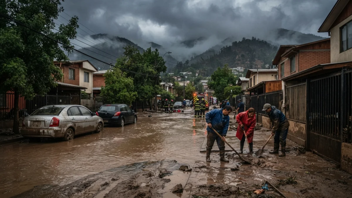 Calle anegada por barro y agua en la precordillera de Santiago tras el sistema frontal