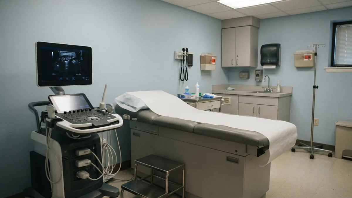 Sala de exámenes de un centro médico con un ecógrafo encendido