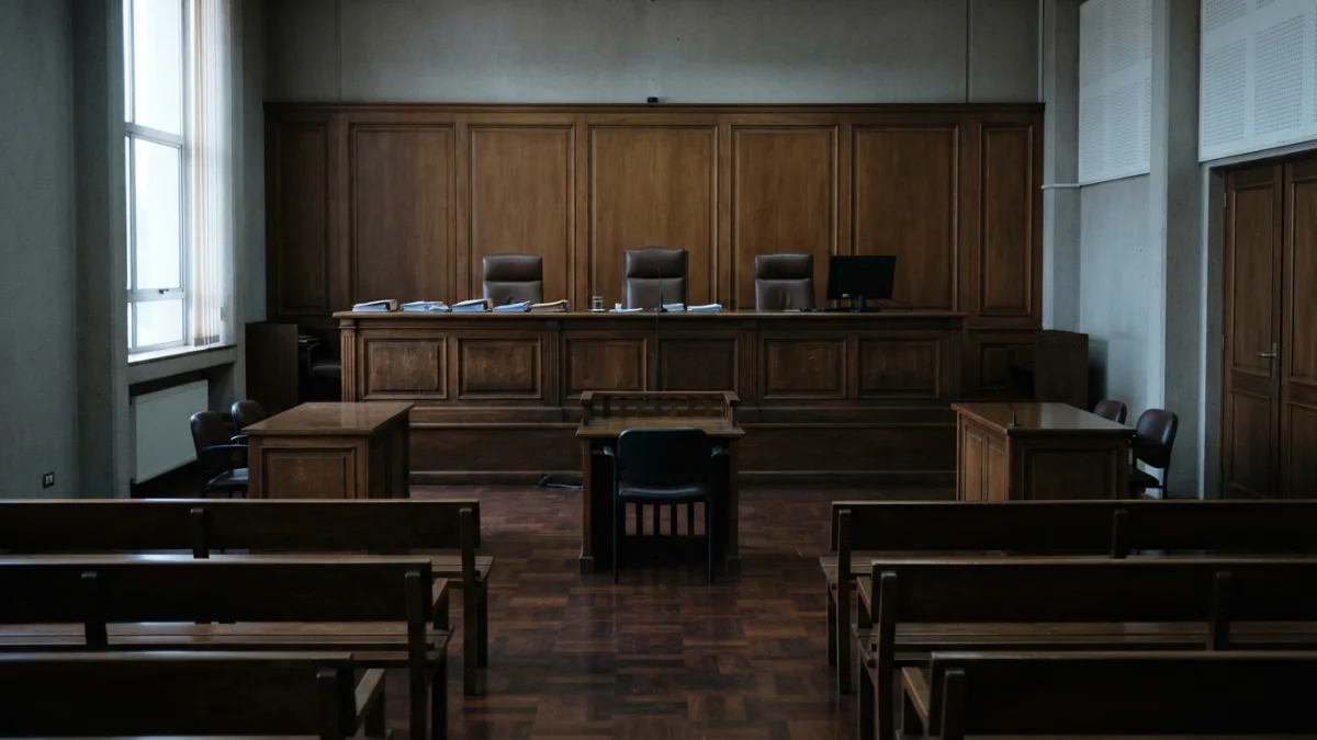 Sala de un tribunal chileno vacía con estrado de jueces y un computador en el escritorio