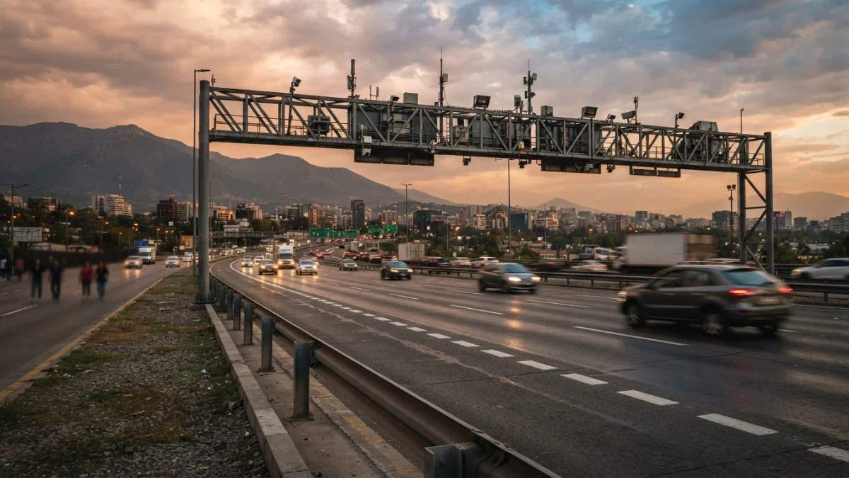 Pórticos de peaje de una autopista urbana al atardecer