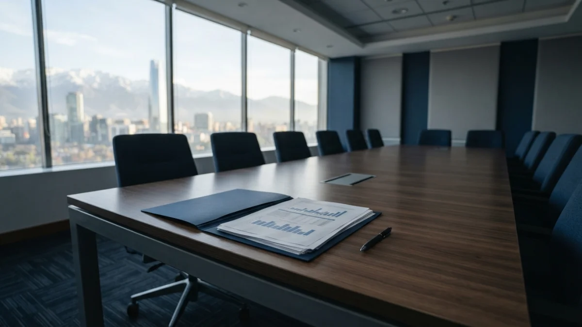 Mesa de trabajo con documentos y gráficos de empleo en una sala de reuniones gubernamental de Santiago