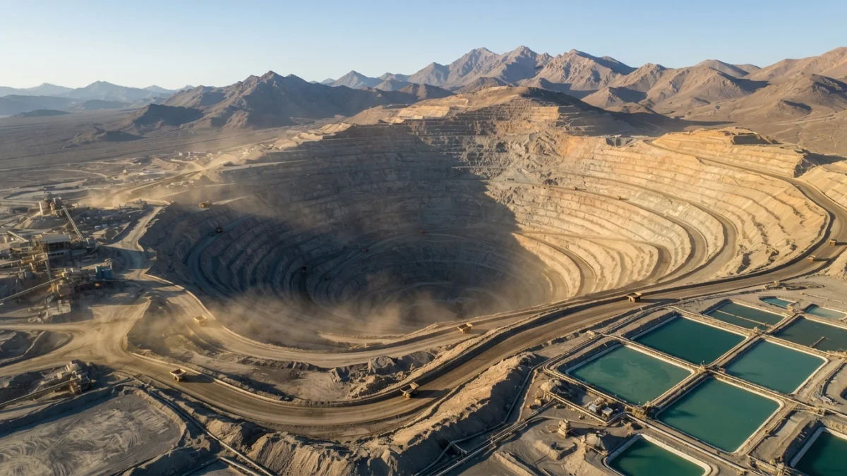 Mina de cobre a rajo abierto en el norte de Chile (imagen generada con IA)