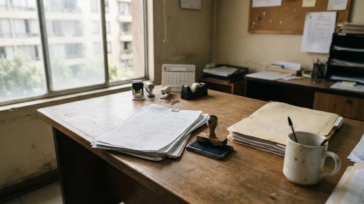 Escritorio de oficina pública con formularios de licencia médica, imagen generada con IA
