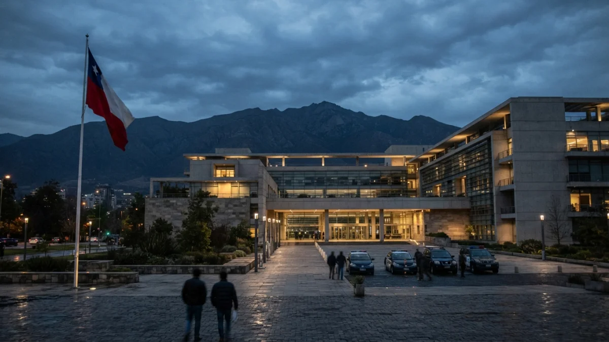 Edificio administrativo del Estado en Santiago al atardecer, con la cordillera de los Andes al fondo