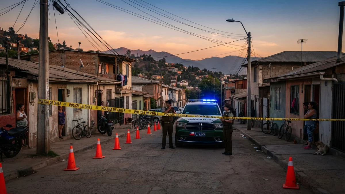 Calle de la población Las Dunas en Lo Espejo con patrulla policial y cinta de seguridad al atardecer
