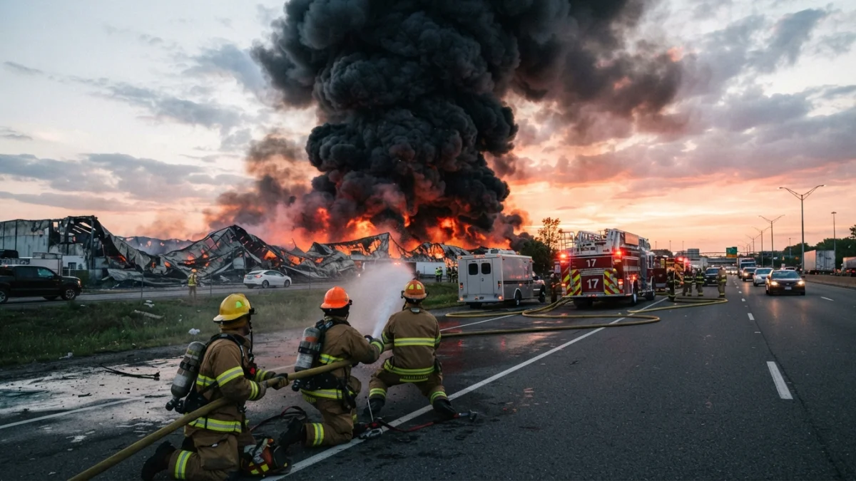 Bomberos combaten un incendio en la planta de algas Gelymar, en el límite entre Puerto Montt y Calbuco