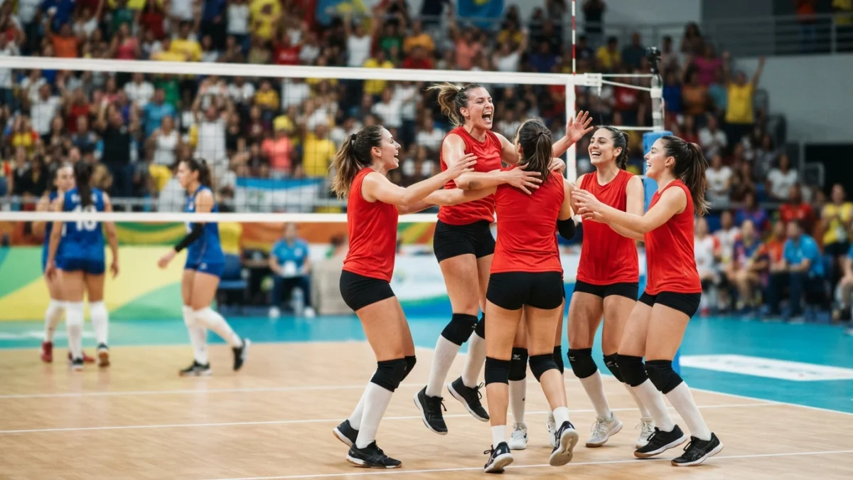 Jugadoras de vóleibol festejando un punto en cancha