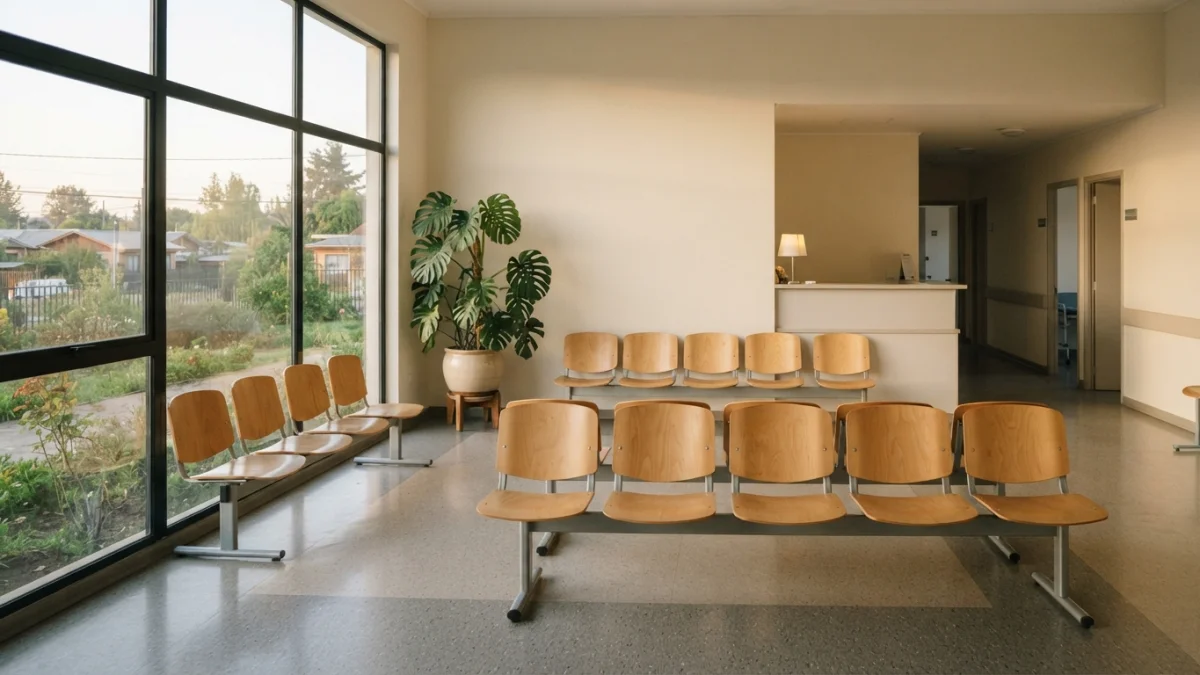 Sala de espera luminosa de un centro de salud comunitario en Chile