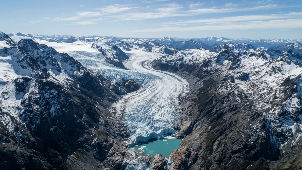 Glaciar de valle en la cordillera de los Andes de Chile con laguna de deshielo