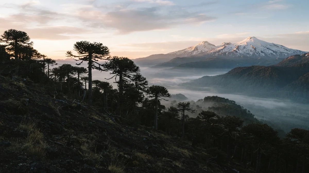 Araucarias y volcanes al amanecer en la Araucanía