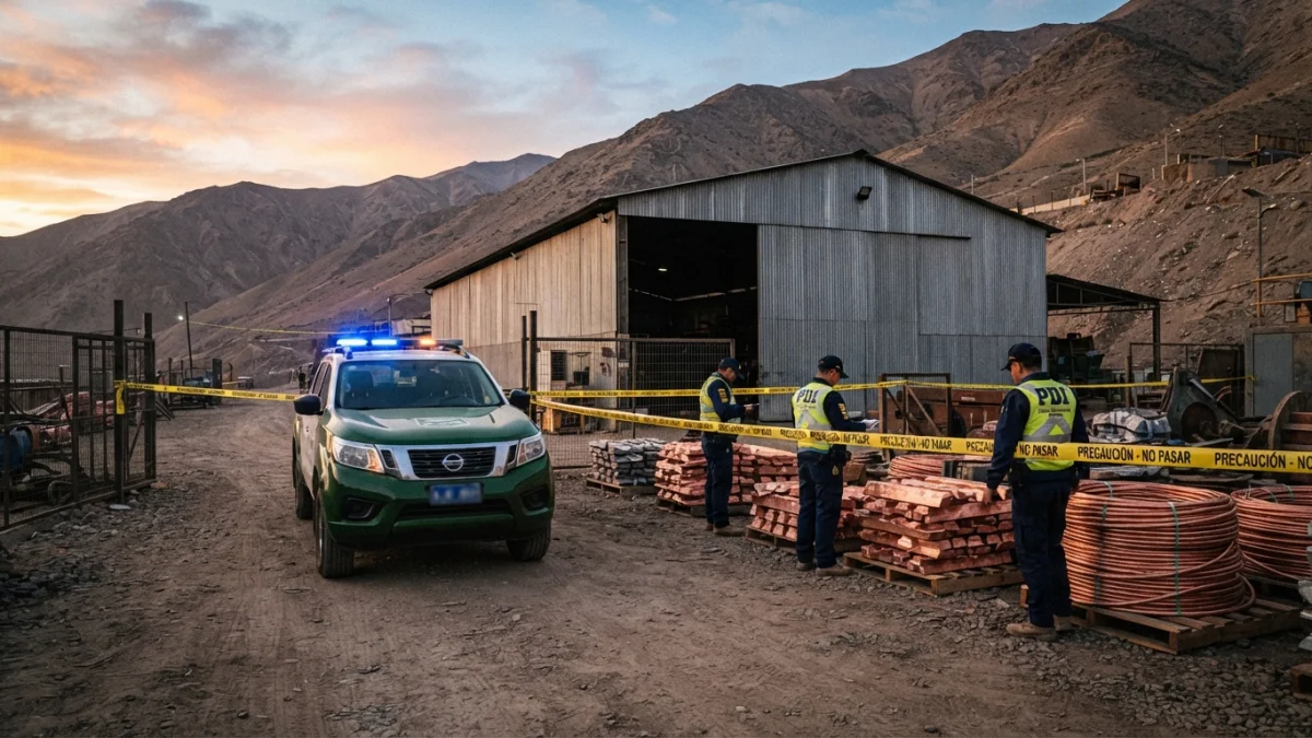 Diligencias policiales junto a lingotes de cobre en una bodega industrial