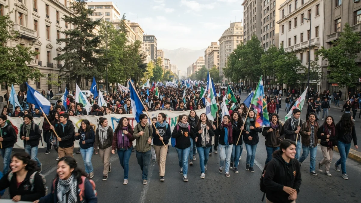 Marcha estudiantil en el centro de Santiago durante el paro nacional de la Confech