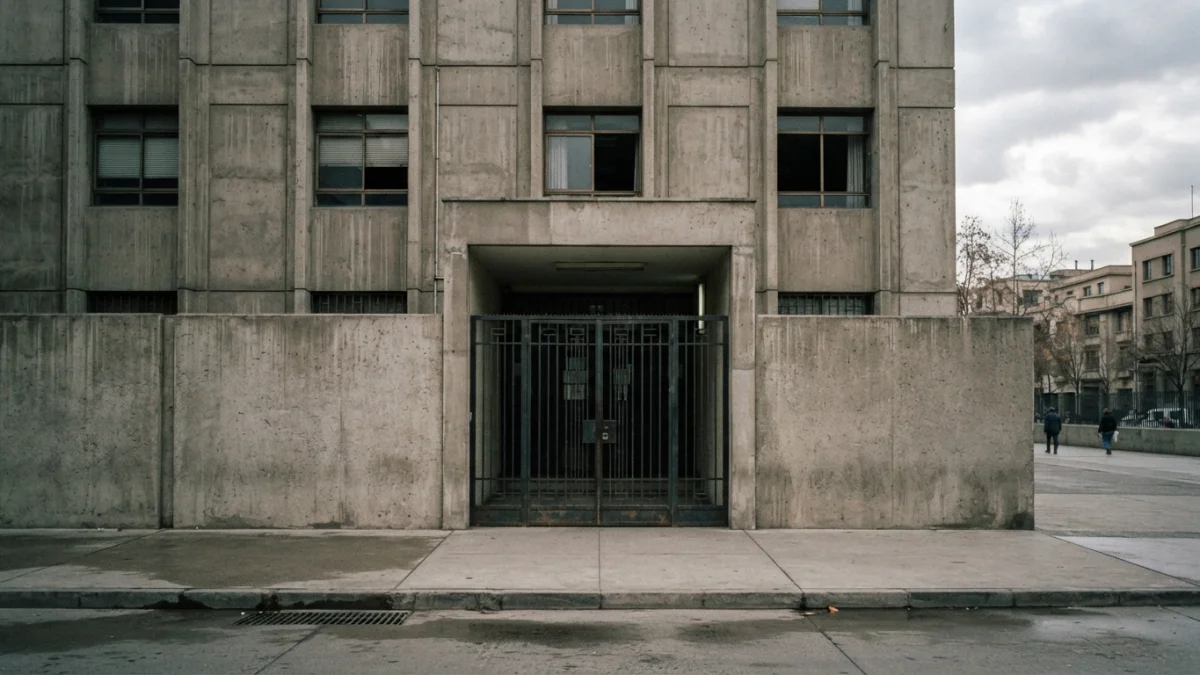 Fachada de un edificio institucional de justicia en Santiago de Chile (imagen generada con IA)
