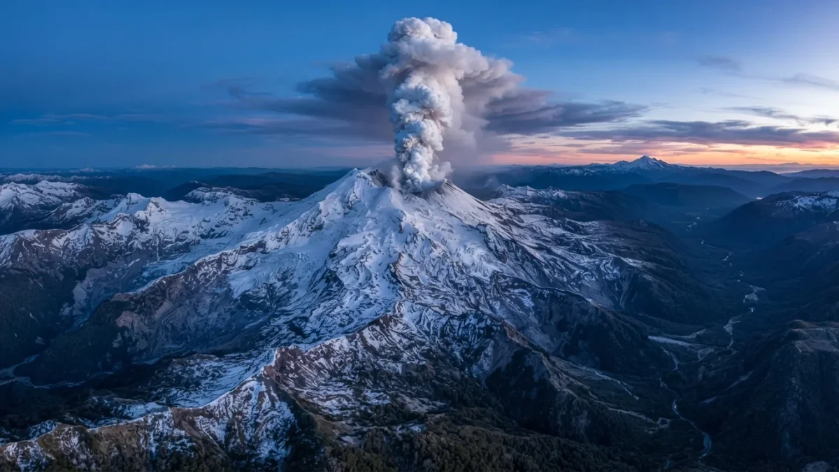 Columna de humo del complejo volcánico Nevados de Chillán en la cordillera de Ñuble