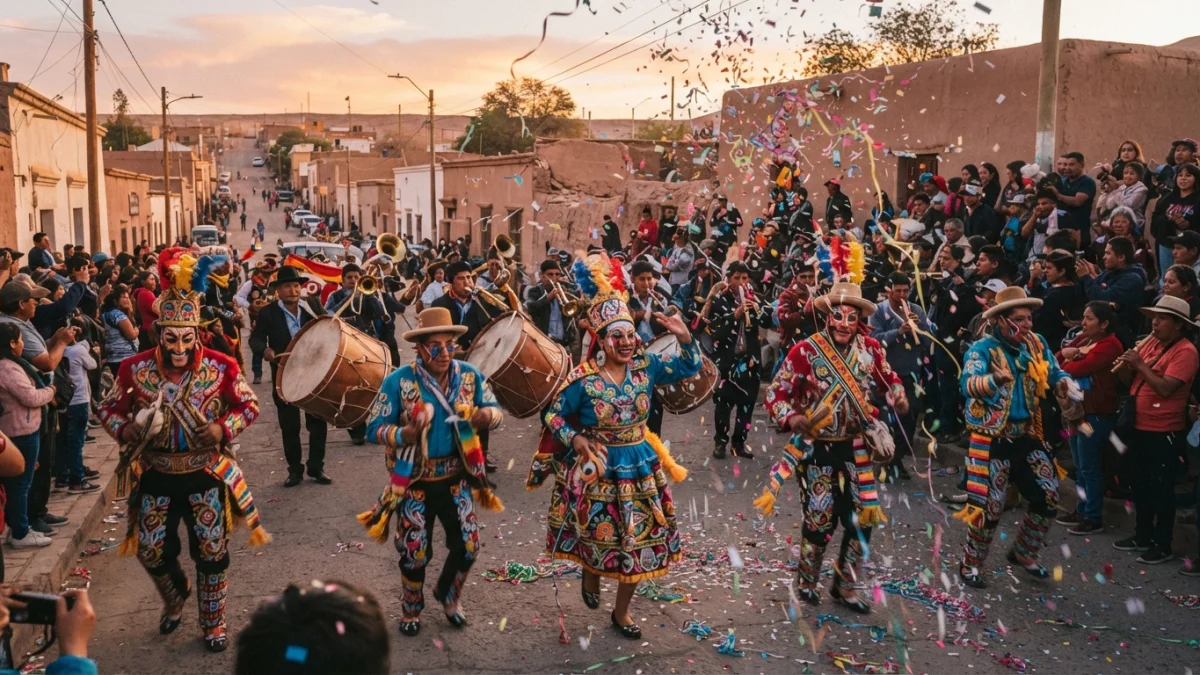 Comparsa de carnaval andino desfilando por una calle del norte de Chile al atardecer