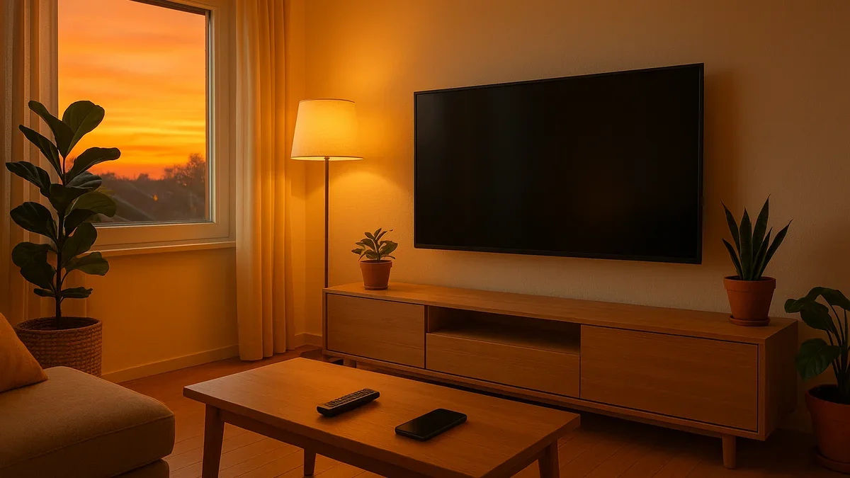 Sala de estar con televisor apagado y un teléfono sobre la mesa de centro