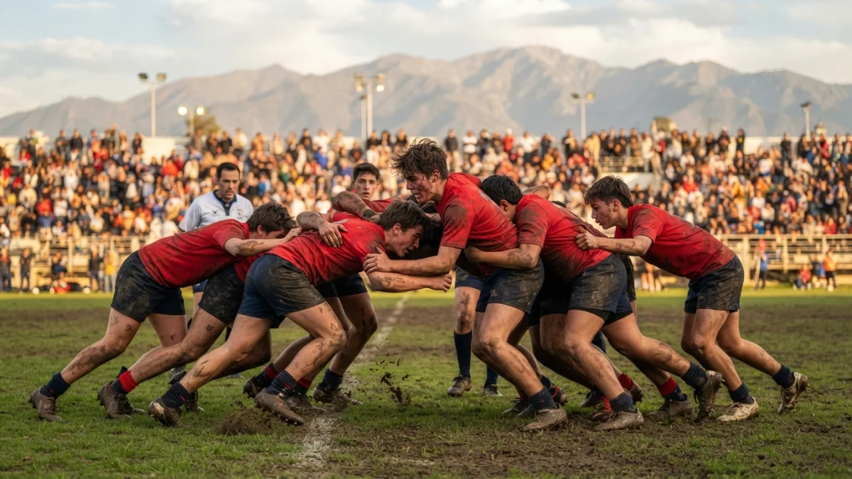 Jugadores de rugby juvenil con camiseta roja en formacion de scrum en una cancha de Santiago