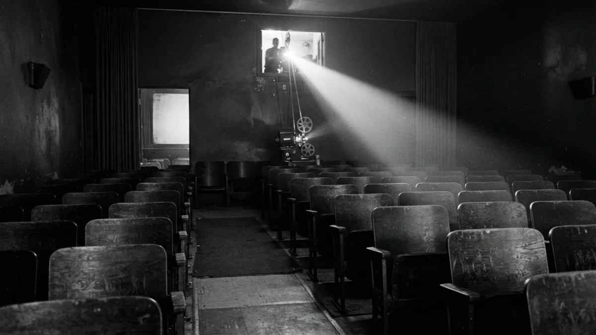 Sala de proyección de cine antiguo con proyector encendido