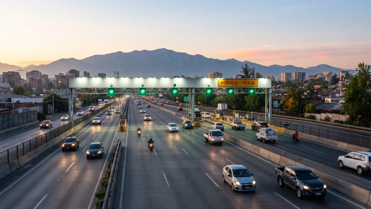 Autopista concesionada urbana con pórtico de peaje iluminado al amanecer