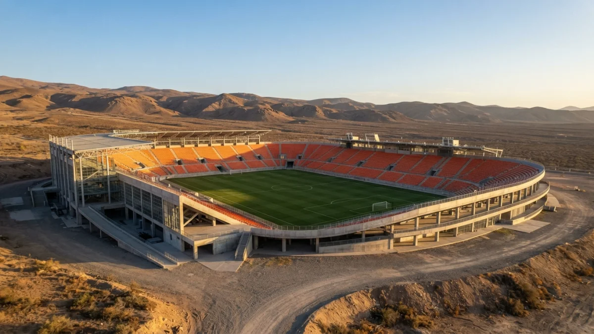 Vista exterior de un estadio de futbol vacio en el desierto
