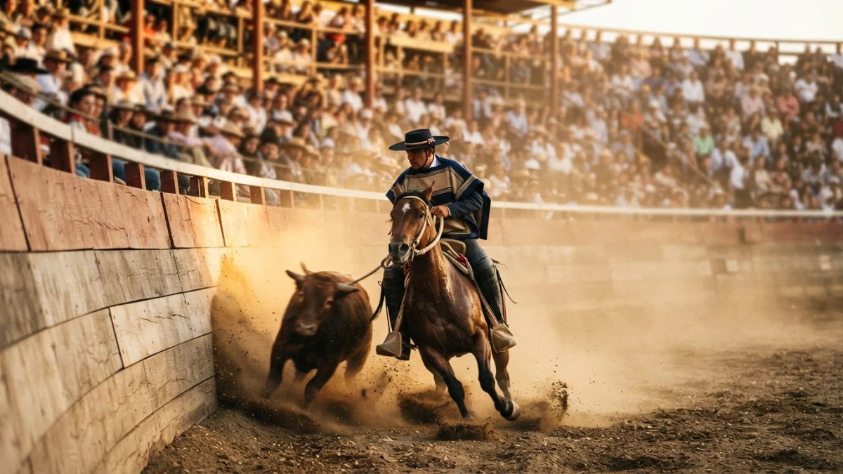 Jinete de rodeo chileno deteniendo un novillo en la medialuna al atardecer