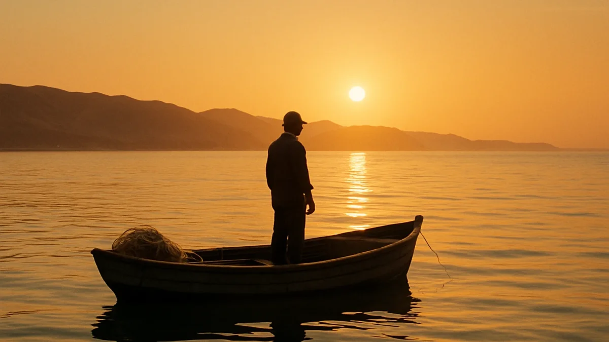 Pescador artesanal en una lancha de madera frente a la costa del norte de Chile al amanecer