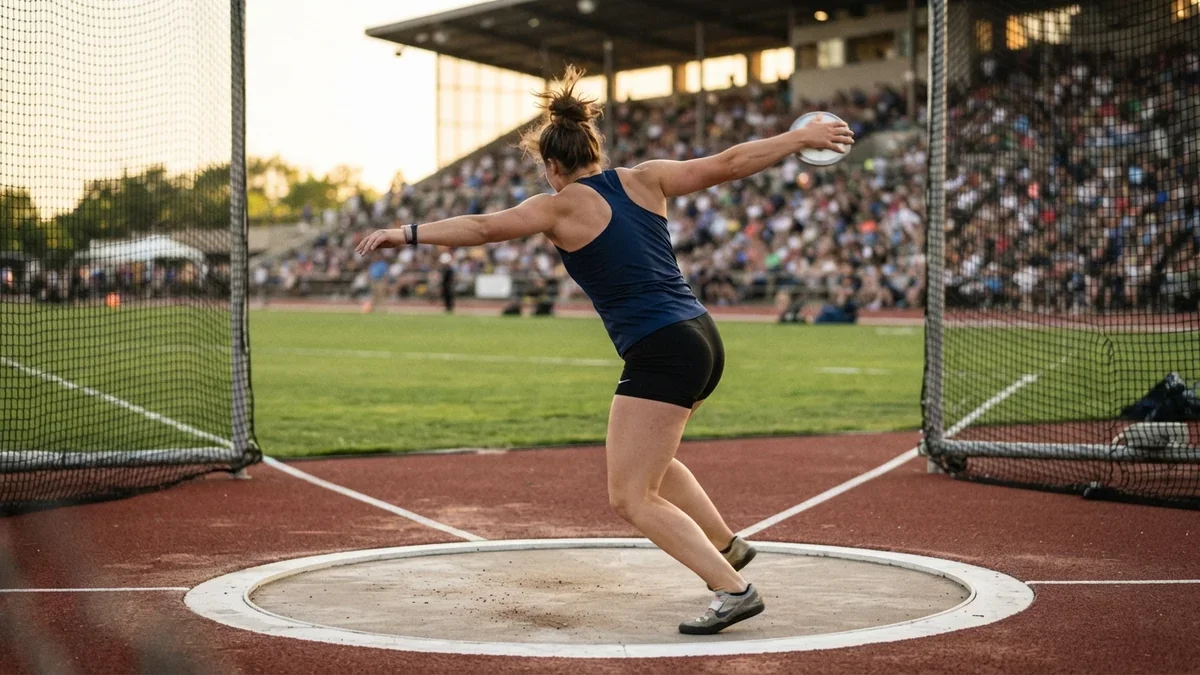 Atleta lanzando el disco en un estadio de atletismo