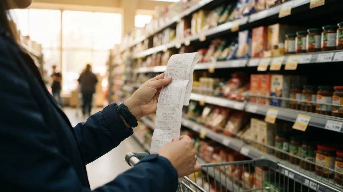 Persona revisando precios en un supermercado con un comprobante de compra en la mano