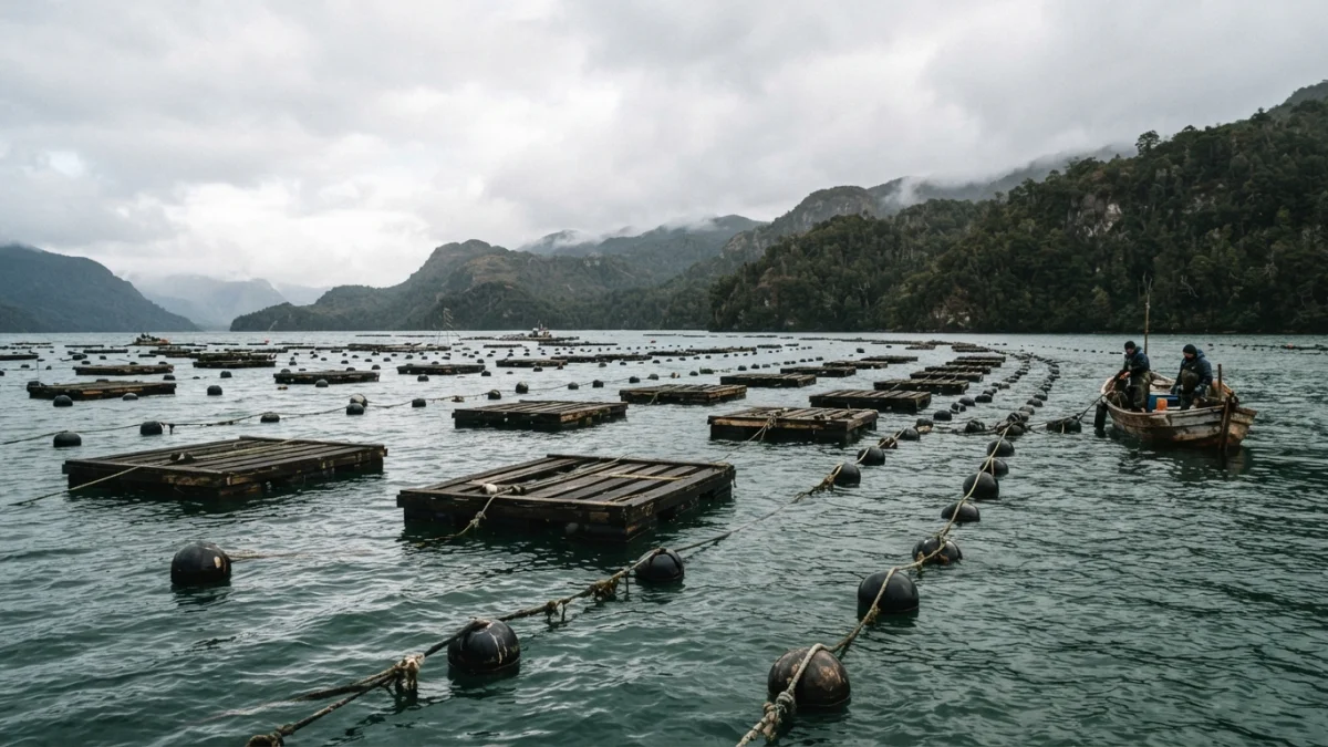 Concesiones de cultivo de moluscos en un fiordo del sur de Chile