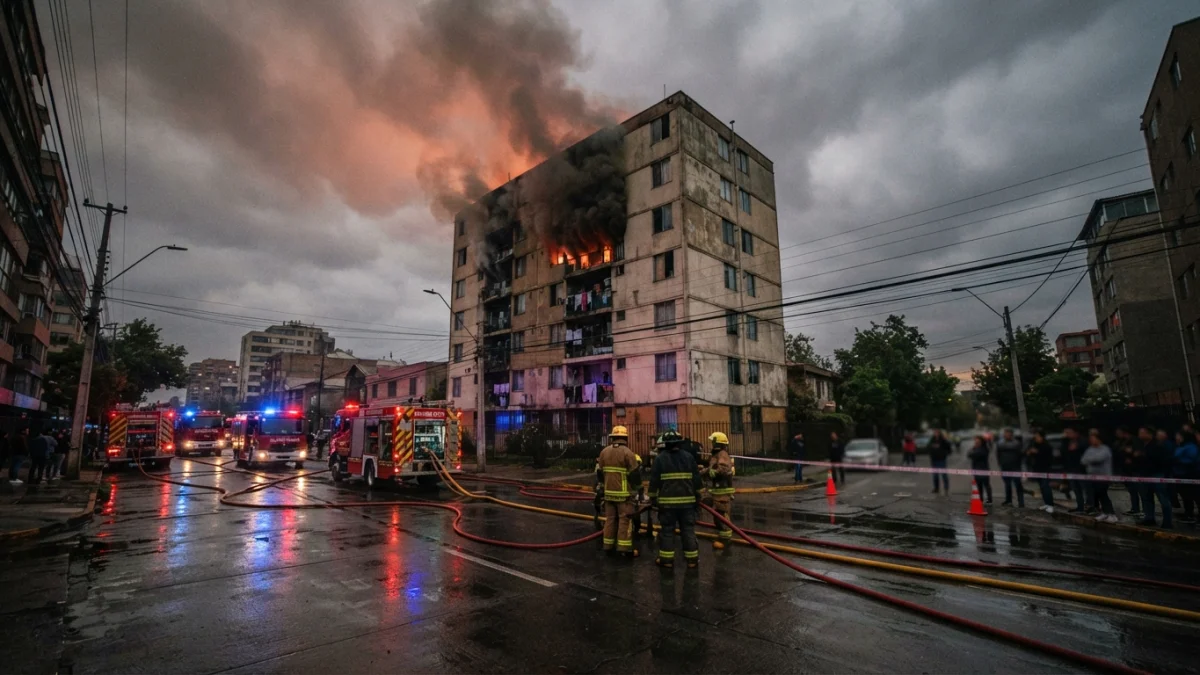 Edificio residencial con humo y bomberos trabajando en la calle tras un incendio en Concepción