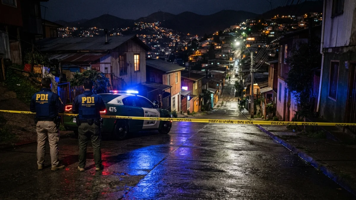 Cinta policial y luces de patrulla en una calle nocturna de un cerro de Santiago