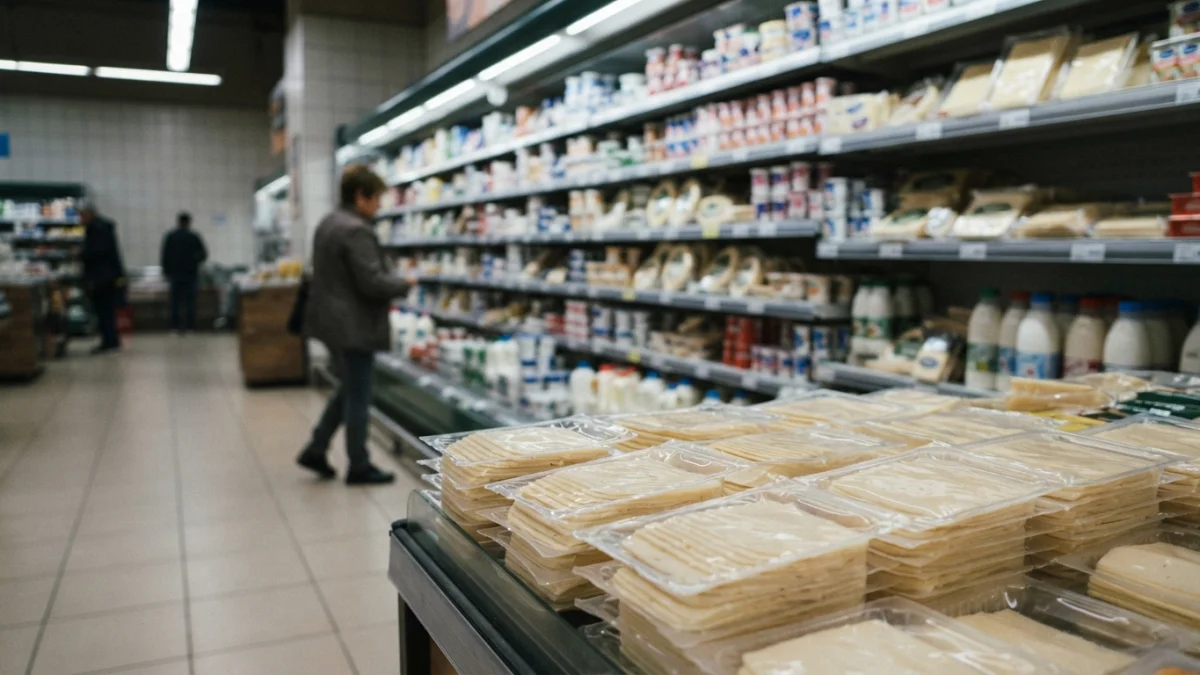 Envases de queso mantecoso laminado en una estantería refrigerada de supermercado