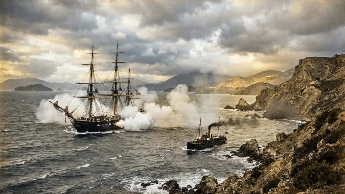 Escena marítima del siglo XIX en el Pacífico sur con buques de guerra y humo