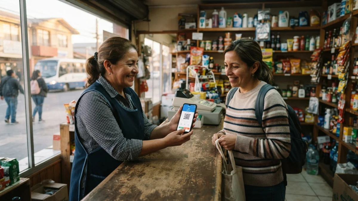 Comerciante chileno muestra a su cliente una boleta electrónica en la pantalla de un teléfono
