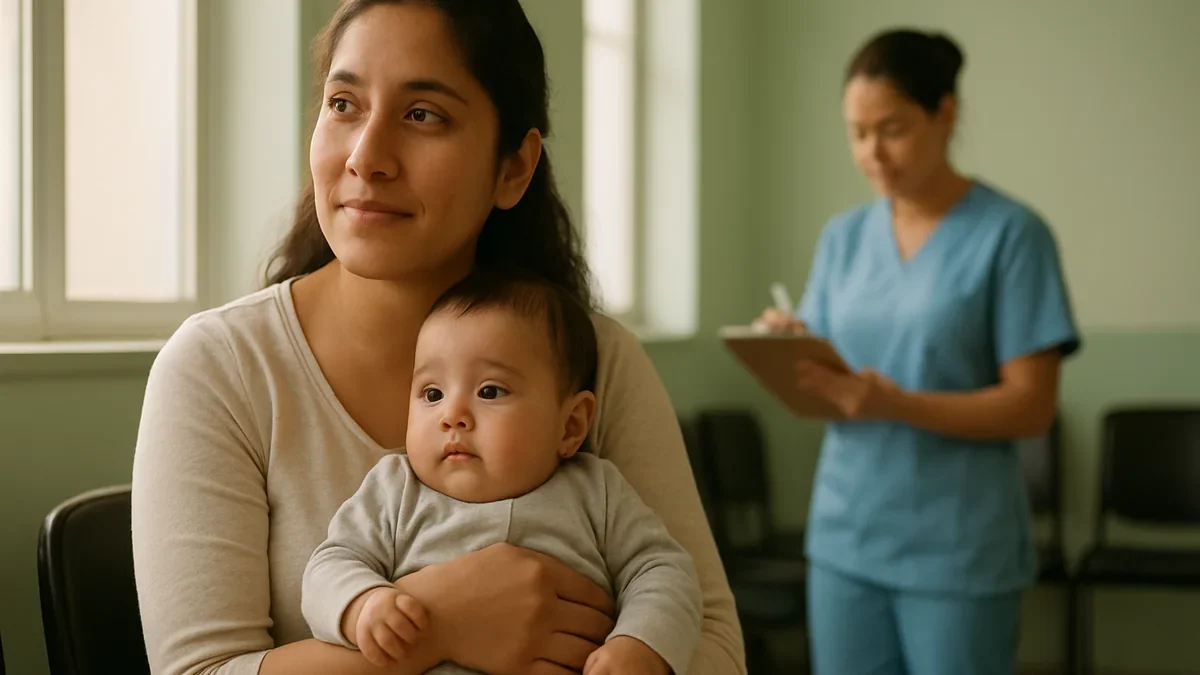 Madre con su bebé en la sala de espera de un consultorio de atención primaria